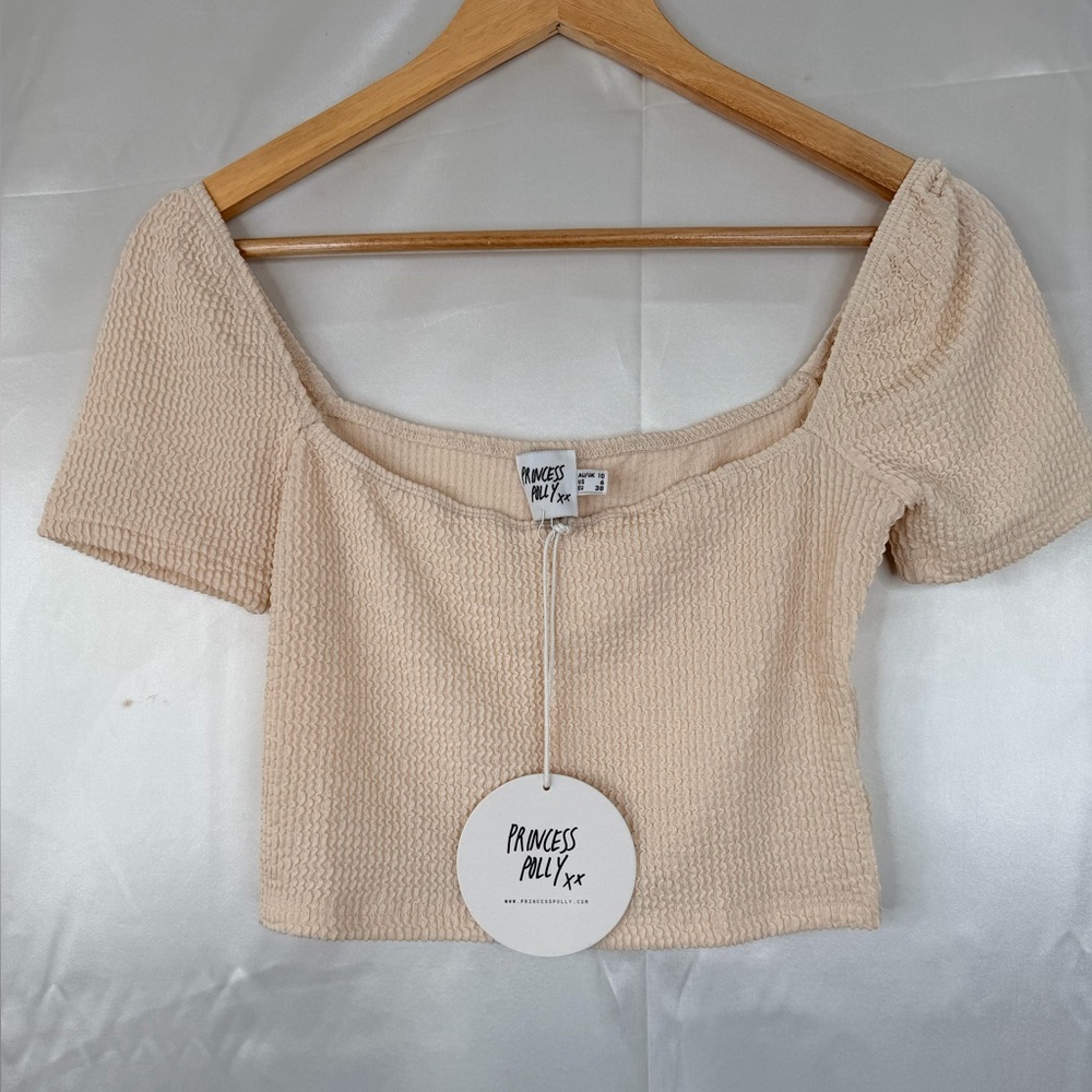 Princess Polly Talden Top‎ Beige Smocked Crop Short Sleeve Size 6 NWT